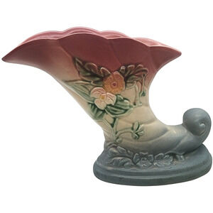 VTG Hull Art Pottery Cornucopia Vase Pink & Blue Wildflower W-7 7-1/2